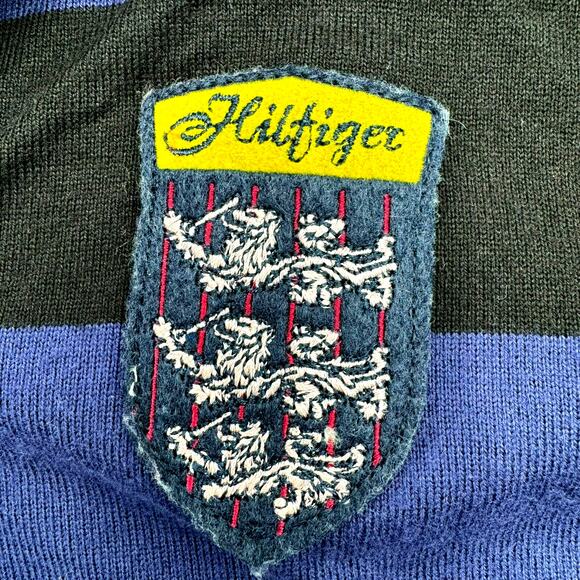 TOMMY HILFIGER Men's Medium Vintage Crest patch Polo Rugby Blue Striped Shirt - Picture 4 of 9